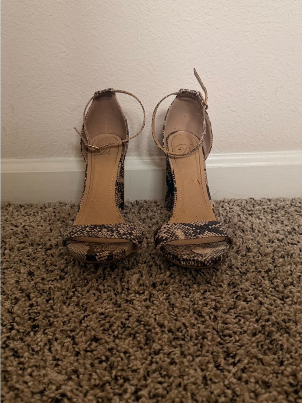 Snakeskin Ankle-Strap Block Heels in Neutral Tones